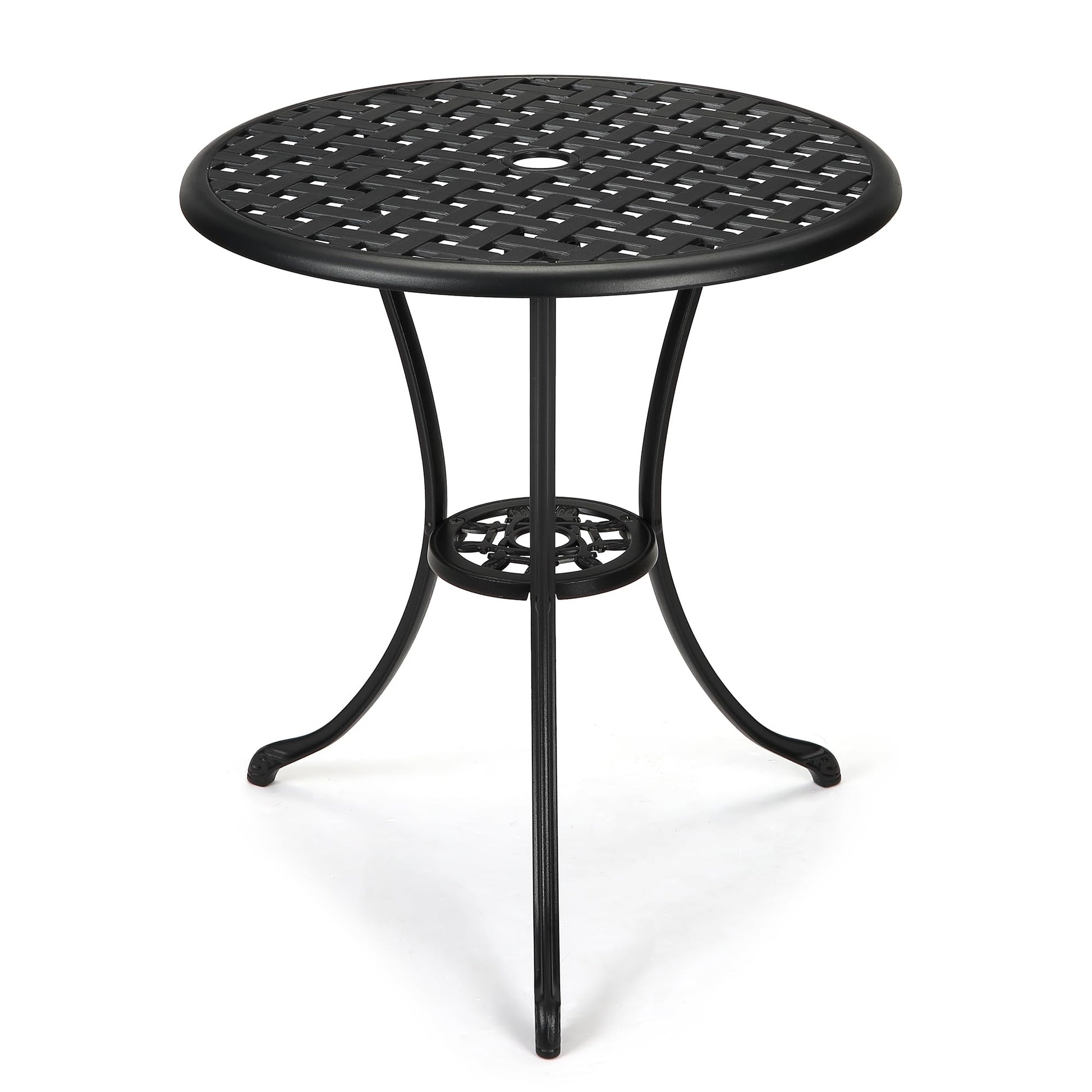 Tavolo da bistro da giardino Garvee rotondo da 24" con foro per ombrellone da 2" in alluminio resistente a tutte le intemperie, ferro robusto, nero classico, balcone e giardino
