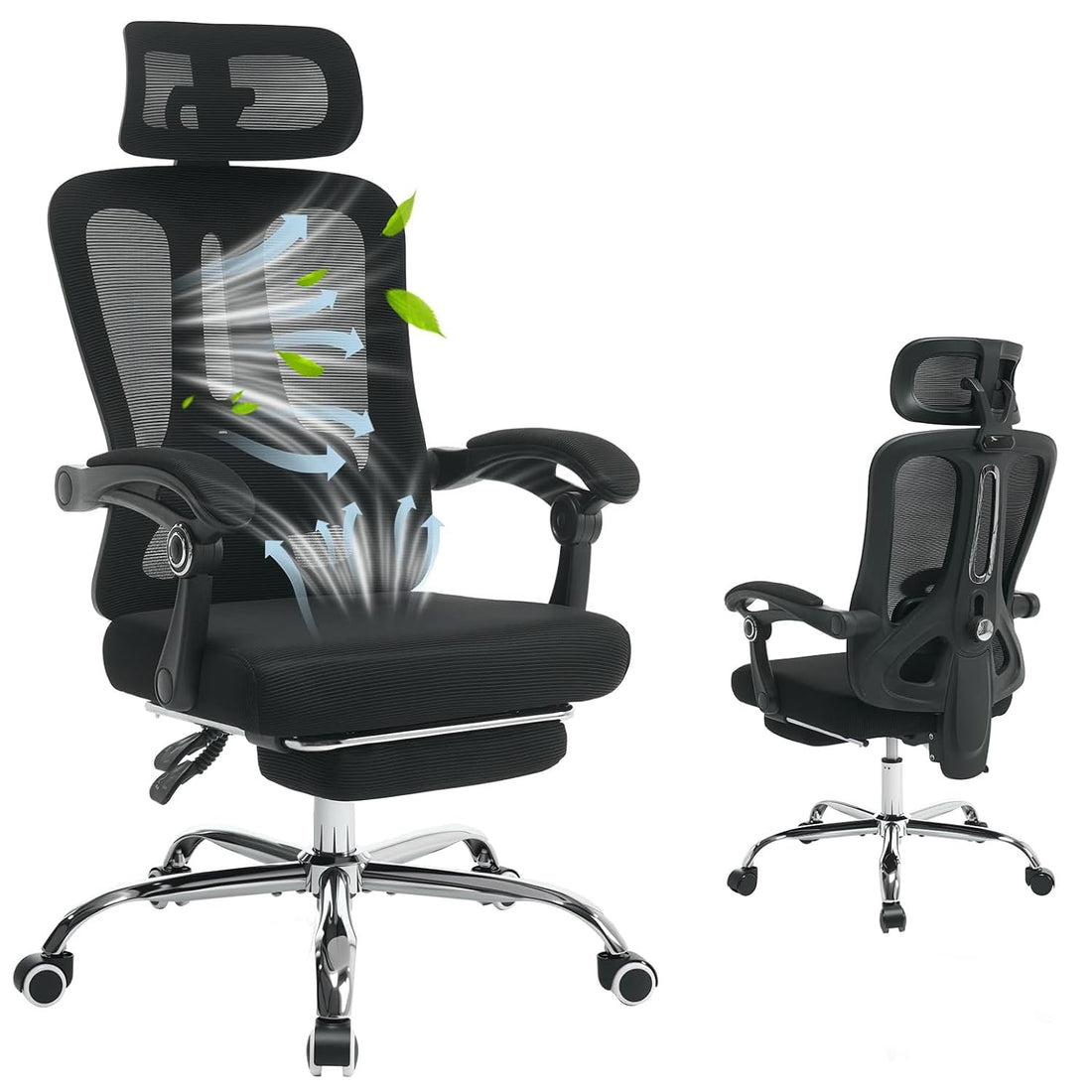 Sedia da ufficio ergonomica Garvee con poggiatesta regolabile, supporto lombare, poggiapiedi per ufficio domestico e gaming, altezza regolabile, rete traspirante, nero