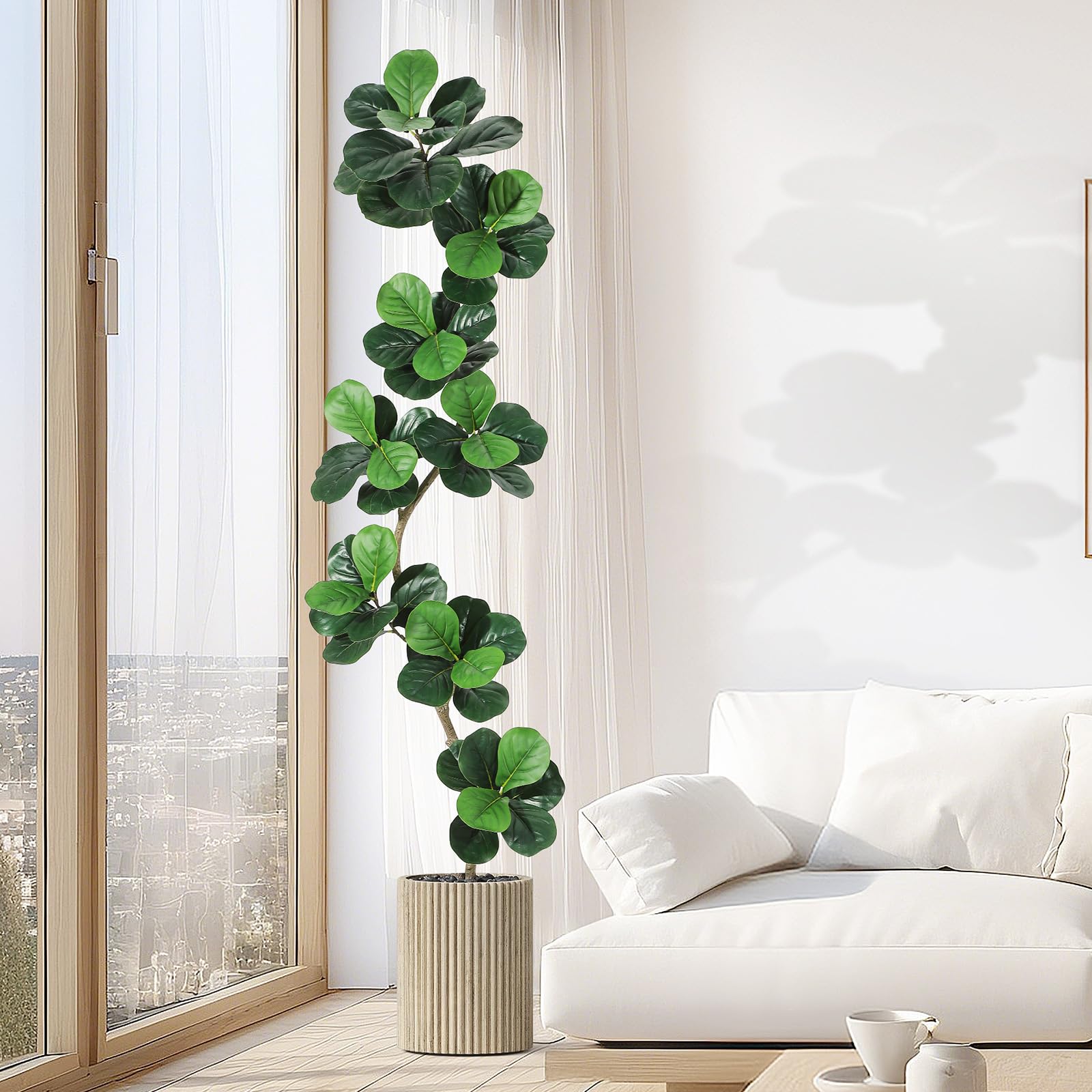 Albero di fico artificiale Garvee a foglia di violino da 7 piedi con vaso bianco, foglie realistiche, resistente alle intemperie per casa e ufficio