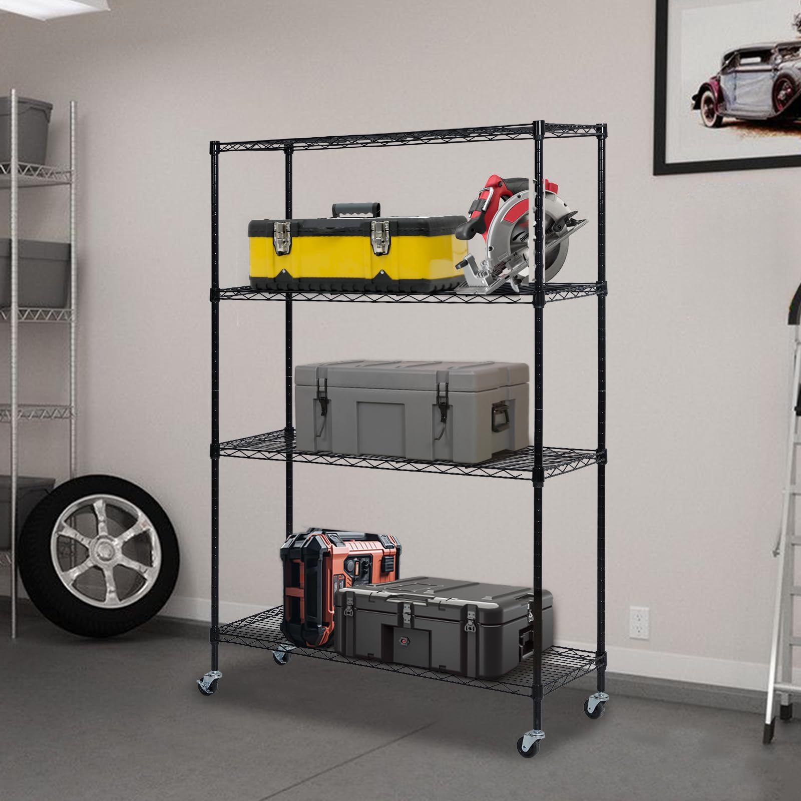 Scaffalatura Garvee a 4 ripiani per carichi pesanti con ruote, ripiani regolabili per cucina e garage, 60x18x72 pollici, acciaio SPCC verniciato a polvere