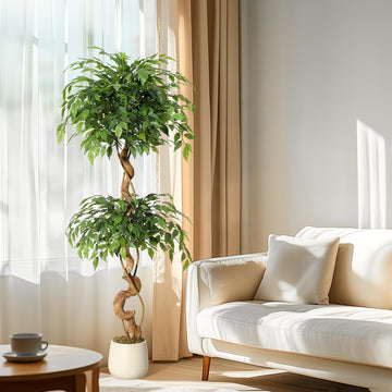 Albero di ficus artificiale Garvee da 5 piedi con tronco curvo, 1134+ foglie di seta, vaso bianco per ufficio e soggiorno
