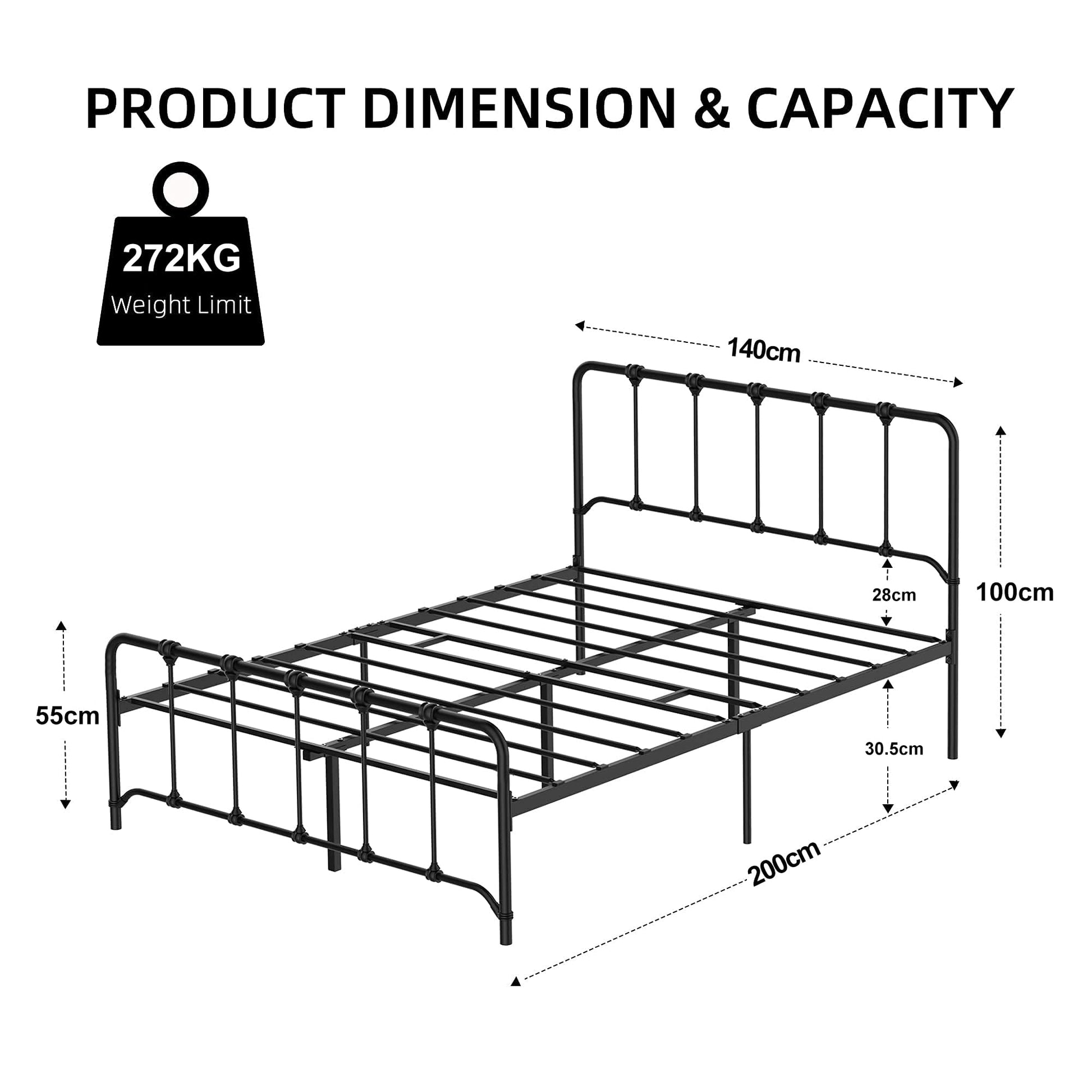 Letto in metallo vintage GARVEE 140x200 cm con rete a doghe, letto robusto per ragazzi, ampio spazio contenitivo, nero, ideale per stanze piccole