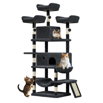 Torre per gatti Garvee grande multilivello da 68,5" per gatti di grandi dimensioni, 9 kg+, con tiragraffi in sisal, amache, peluche, legno robusto, grigio scuro, parco giochi al coperto