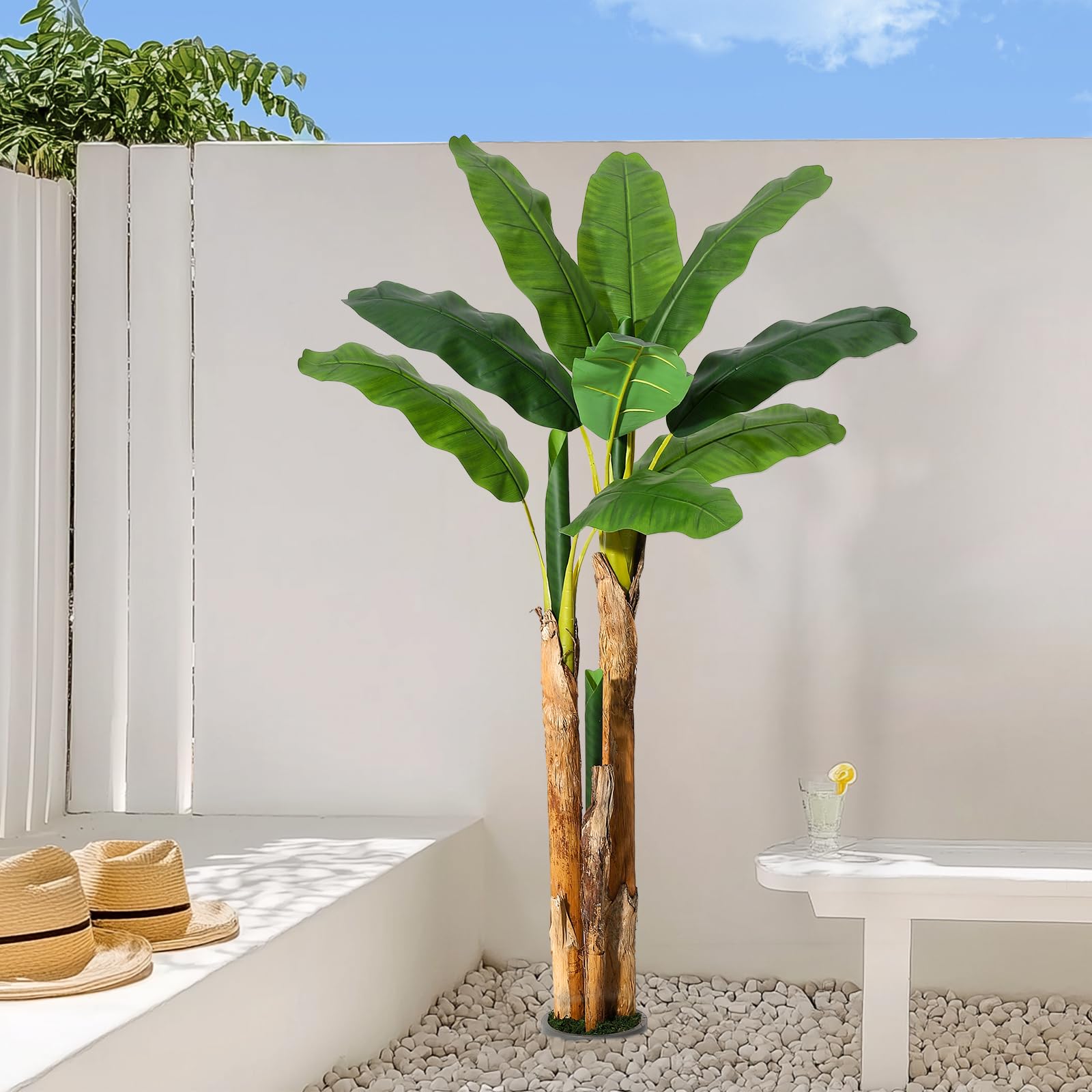 Albero di banano artificiale Garvee da 5 piedi con 11 foglie, foglie in PE, vaso di cemento, grigio per casa e ufficio
