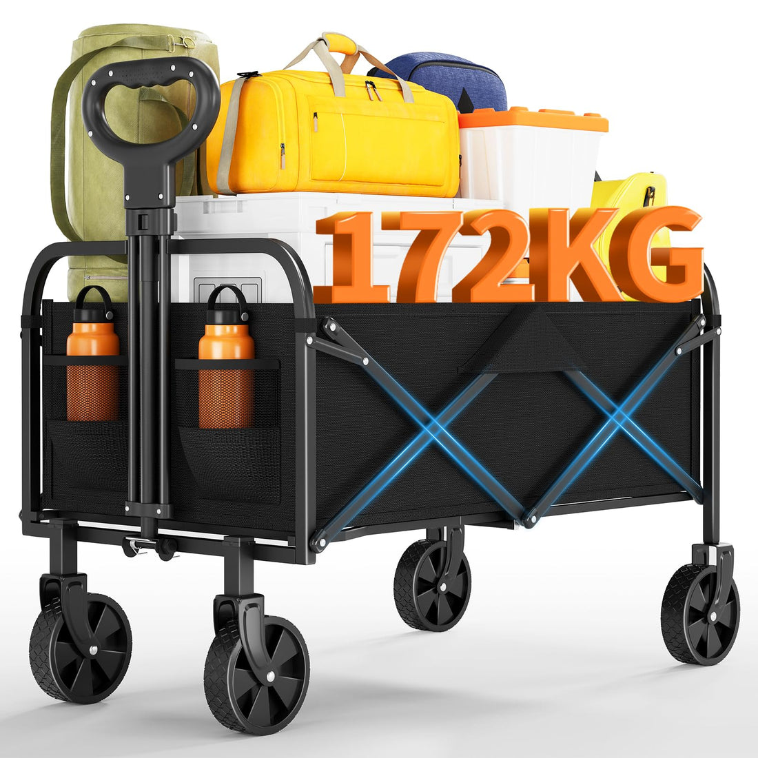 Carrello pieghevole Garvee per impieghi gravosi, capacità di 380 libbre, con pneumatici da 5" per tutti i terreni, per spiaggia e campeggio, telaio in acciaio, tessuto Oxford 600D, pieghevole, nero