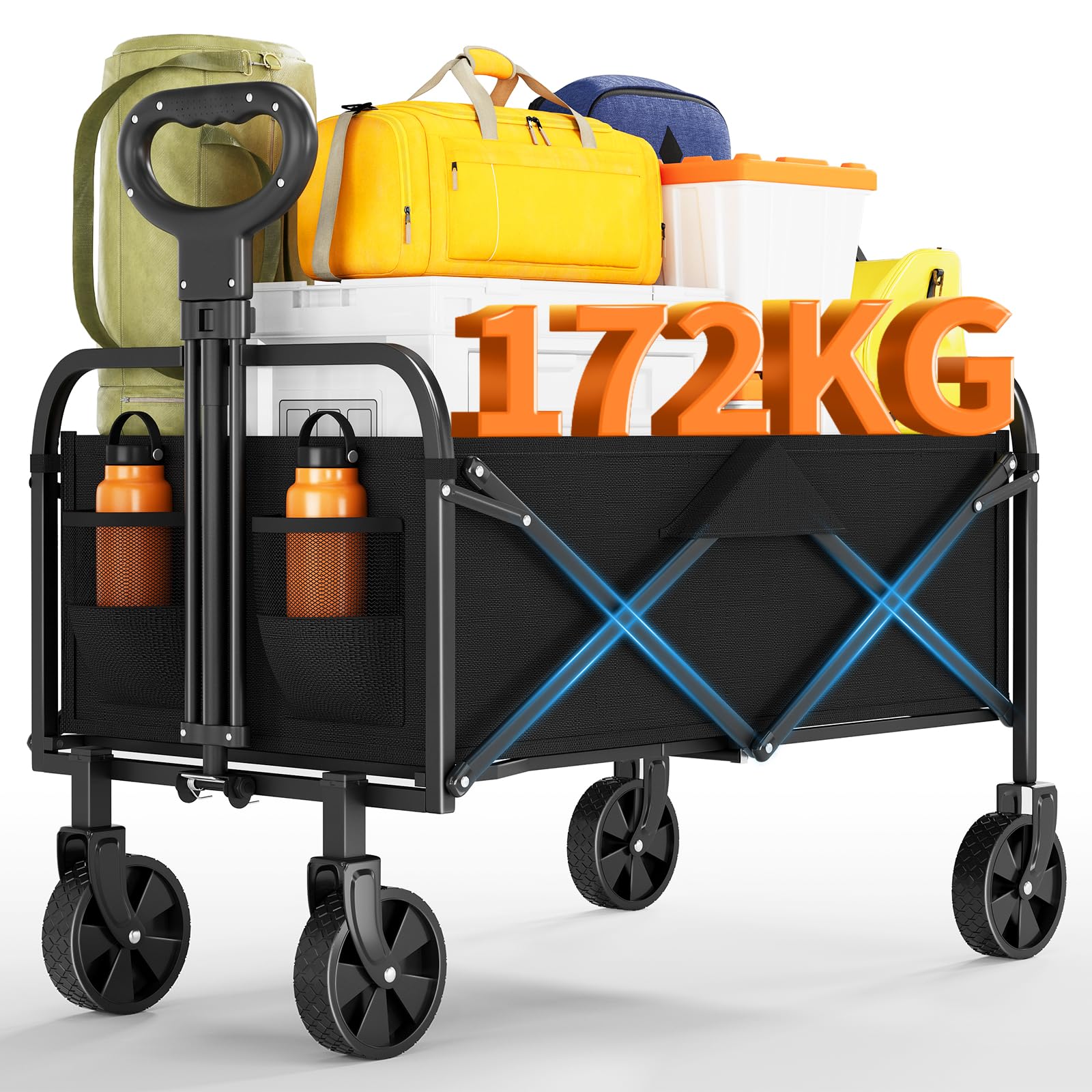 Carrello pieghevole Garvee per impieghi gravosi, capacità di 380 libbre, con pneumatici da 5" per tutti i terreni, per spiaggia e campeggio, telaio in acciaio, tessuto Oxford 600D, pieghevole, nero