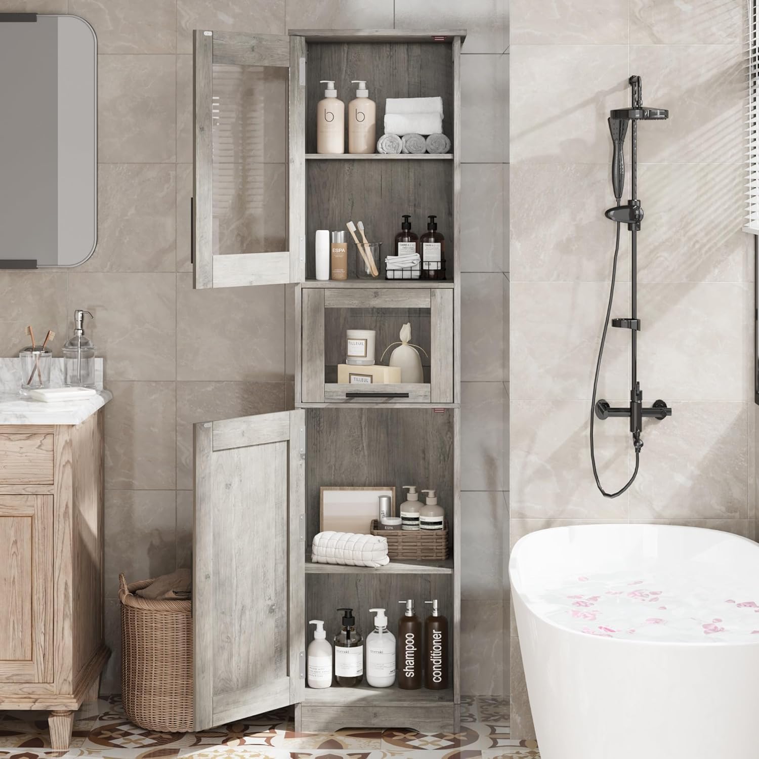 Mobile da bagno alto e stretto Garvee con ripiano regolabile per piccoli spazi, 170 cm, MDF, design moderno, ante con vetro, bianco