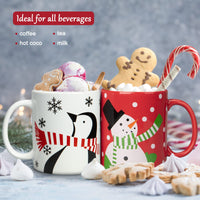 Set di 2 tazze natalizie Garvee, pupazzo di neve e pinguino, 340 ml, in ceramica, adatte al microonde e alla lavastoviglie, confezione regalo, scena festiva