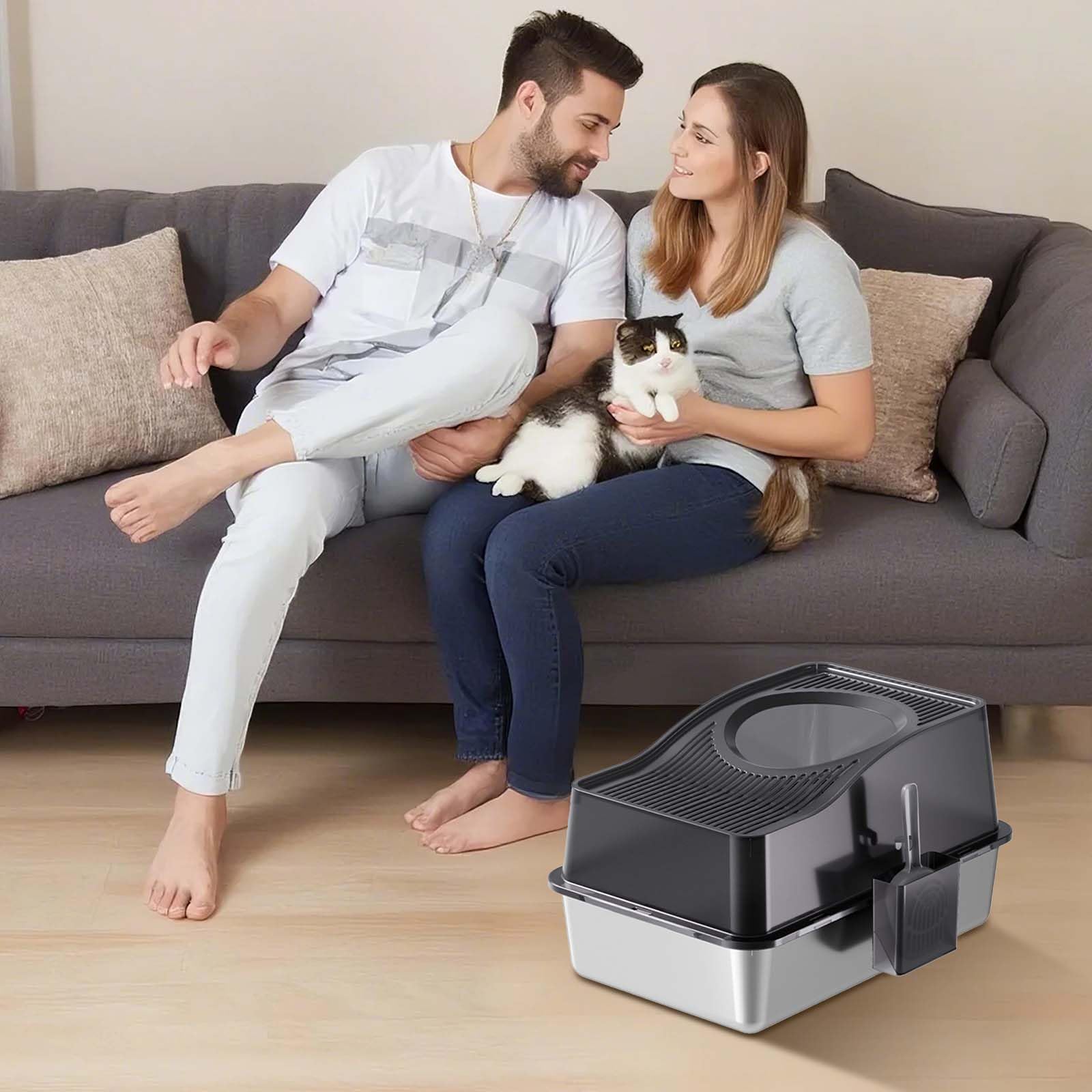 Lettiera per gatti Garvee in acciaio inox con coperchio, extra large, bordi alti, inodore, per gatti fino a 15 kg, argento