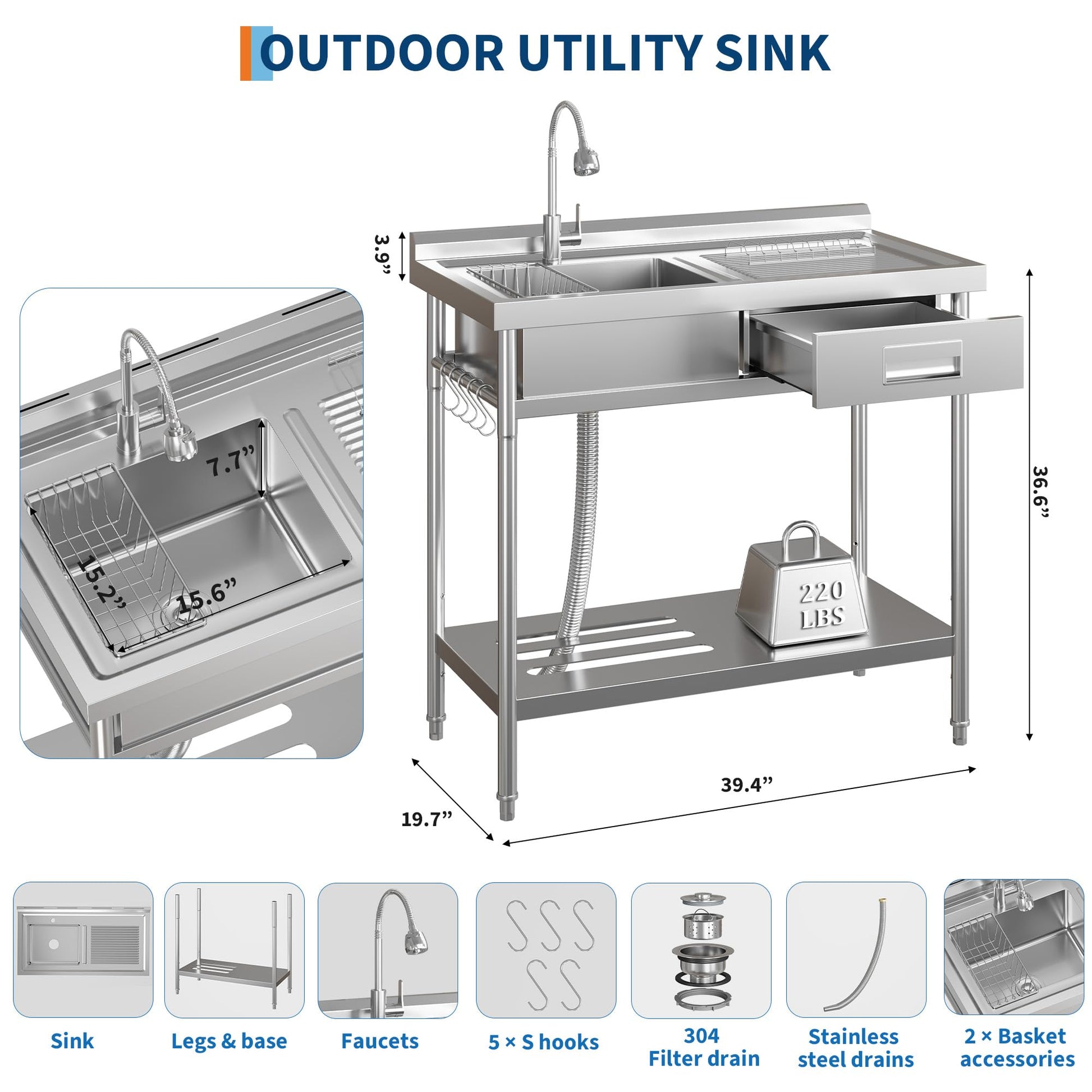 Lavello di servizio in acciaio inossidabile Garvee con 1 vasca, rubinetto caldo/freddo, asse da lavaggio integrata per lavanderia e garage, indipendente, acciaio inossidabile argento