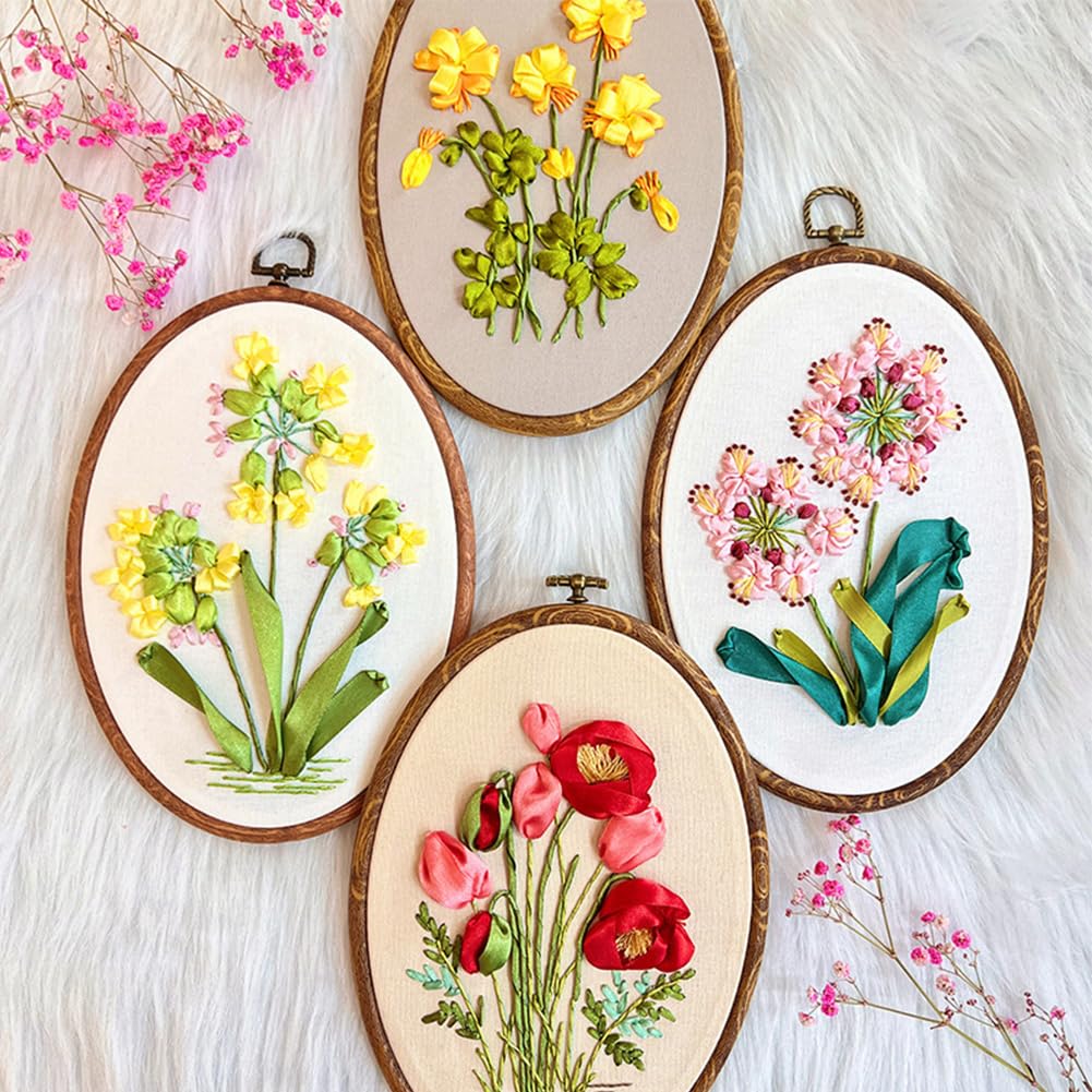 Kit per ricamo per principianti Garvee con telaio, ago, istruzioni - Set completo per ricamo con nastro 3D per persone creative, cotone, regalo per hobby