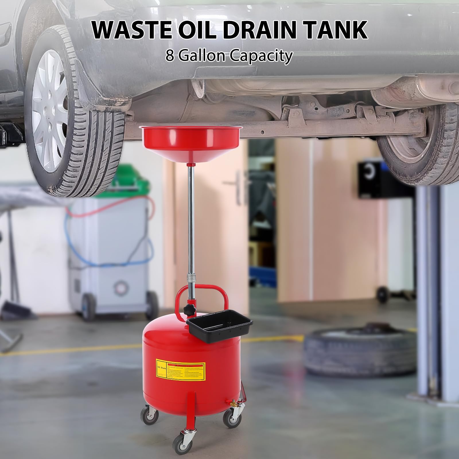 Contenitore per la raccolta dell'olio esausto Garvee da 30.3 L con cassetta degli attrezzi e ruote per uso in officina e domestico, in acciaio, regolabile in altezza, portatile, pneumatico