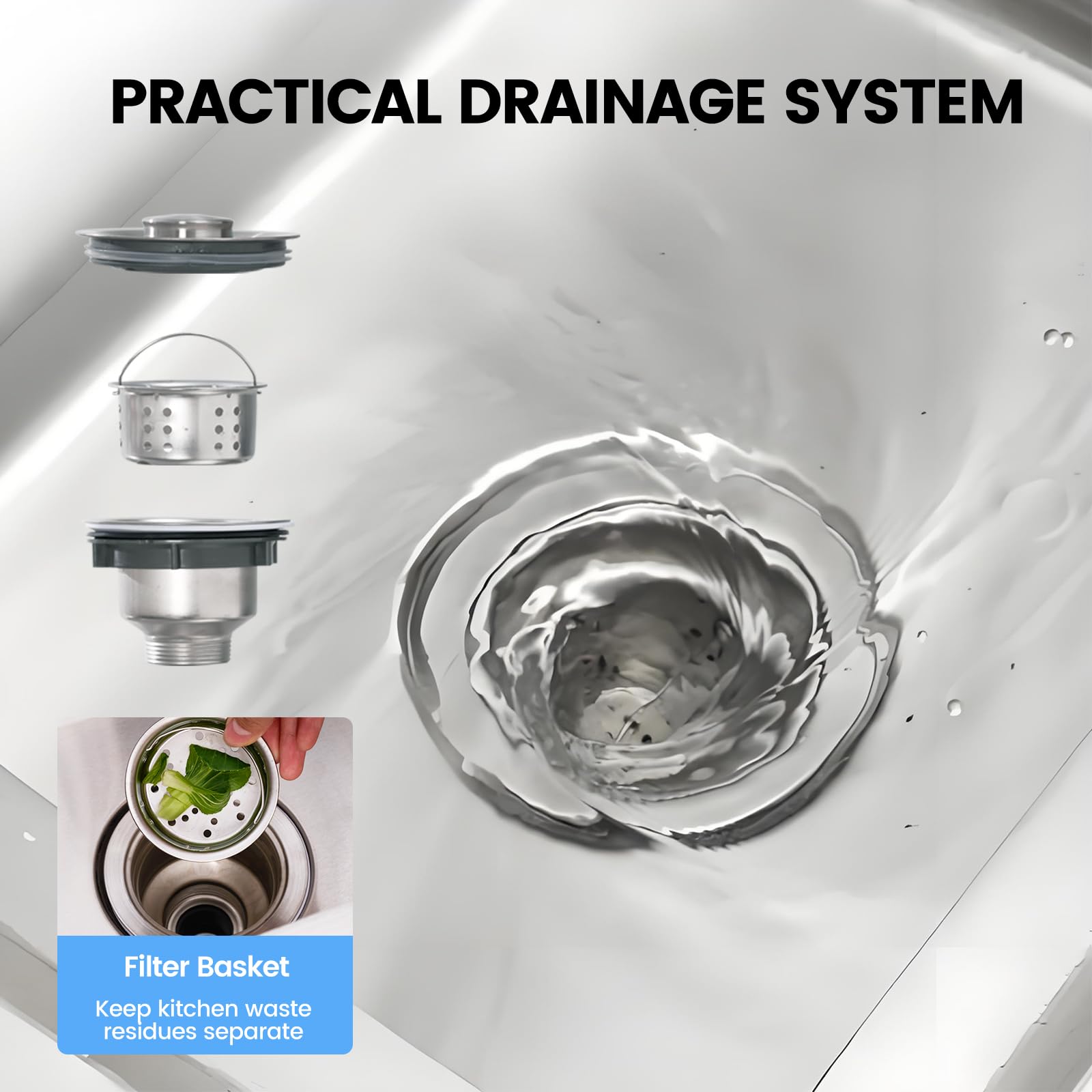 Lavello in acciaio inox Garvee da 47 pollici a doppia vasca - 119x46x81 cm, ampia superficie di lavoro con due vasche per cucine esigenti e famiglie numerose.