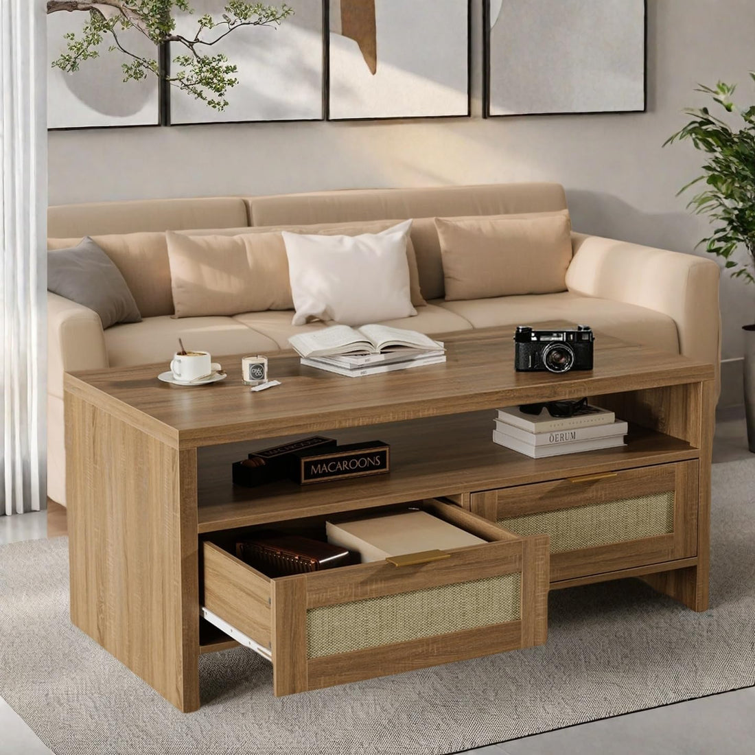 Tavolino da caffè Garvee Boho a 2 ripiani con contenitore, rattan e MDF, 2 cassetti, stile Mid-Century, rovere, soggiorno e camera da letto