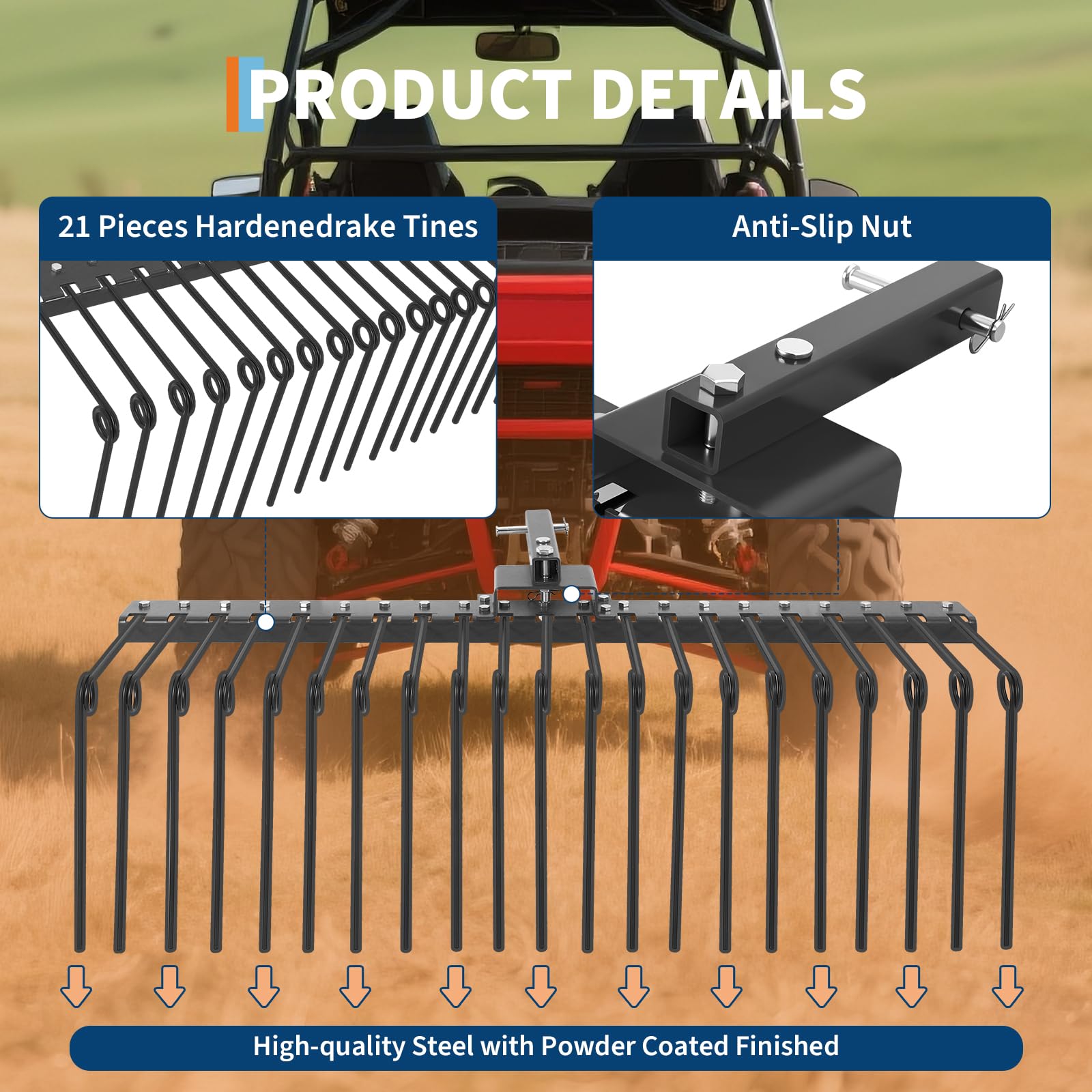 Garvee Rastrello Per Paglia Di Pino 60" Heavy-Duty, 21 Denti, Gancio Ricevitore 2" In Acciaio, Giallo, Per Trattori Da Giardino E UTV