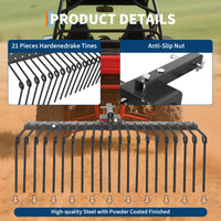 Garvee Rastrello Per Paglia Di Pino 60" Heavy-Duty, 21 Denti, Gancio Ricevitore 2" In Acciaio, Giallo, Per Trattori Da Giardino E UTV