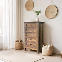 Cassettiera Garvee Farmhouse, 5 cassetti, legno vintage, impermeabile, camera da letto, soggiorno, 39,9x69,9x113,8 cm marrone