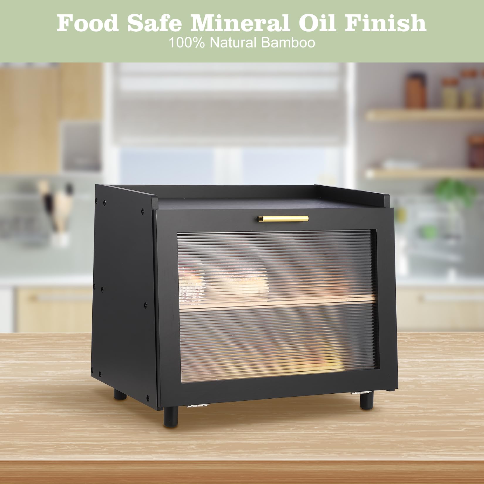 Garvee Contenitore Pane a Doppio Strato con Finestra, Grande Capacità, Bamboo Resistente, Chiusura Magnetica, Nero e Oro, Cucina Moderna