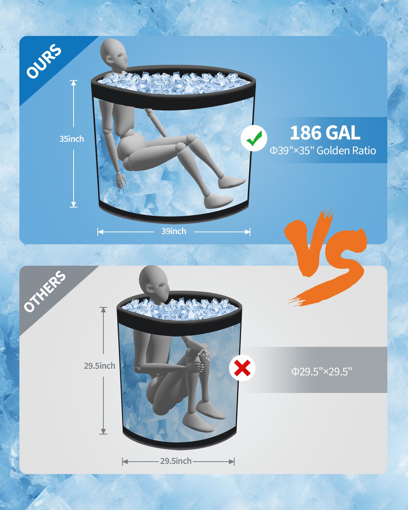 Vasca da bagno ghiacciata Garvee XXL per atleti, 186 galloni, PVC di grado militare, compatibile con refrigeratori d'acqua, portatile, coperchio isolato, sport e tempo libero