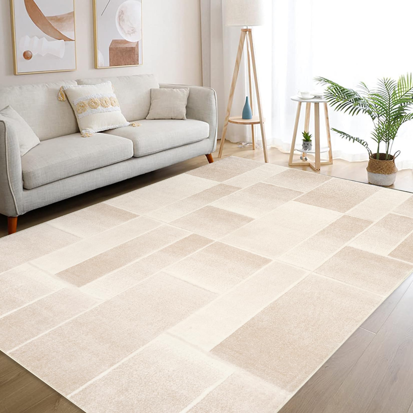 Tappeto moderno a pelo corto Garvee con taglio sagomato e motivo geometrico per soggiorno e camera da letto, 200x290 cm, beige