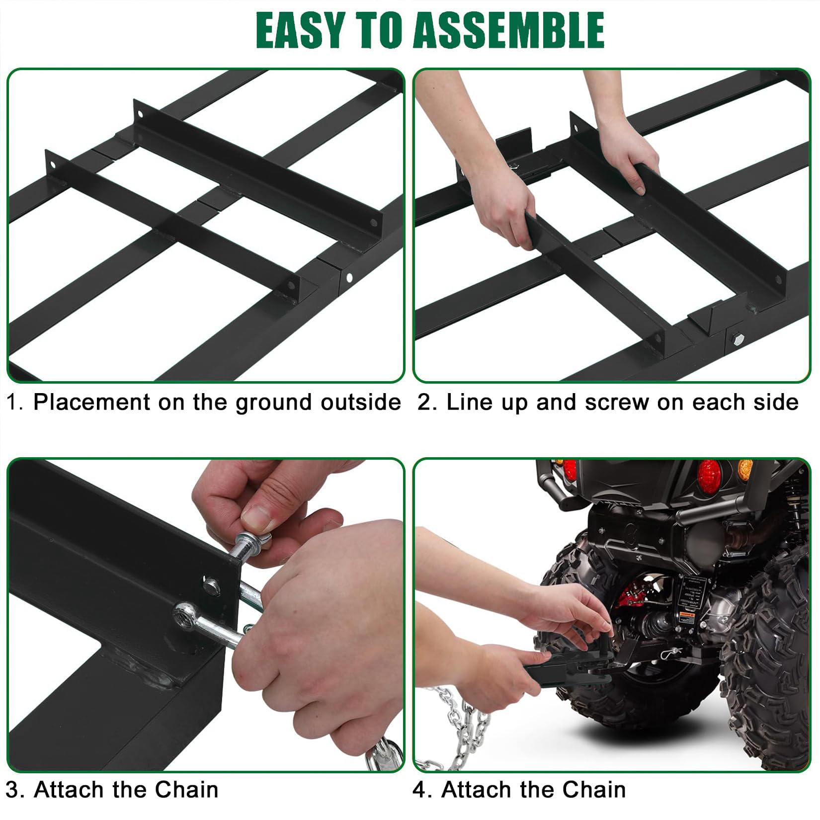 Imbracatura per erpice trainato Garvee da 4 piedi con barre regolabili, catena da 72 pollici, acciaio, resistente, per giardinaggio, compatibile con ATV, verde