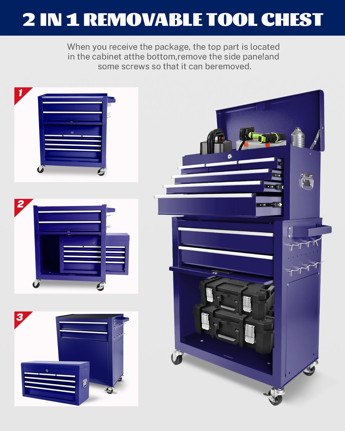 Carrello portautensili Garvee a 8 cassetti con cassetta portautensili staccabile 2 in 1, acciaio, officina e garage, bloccabile, con ruota, ammortizzante