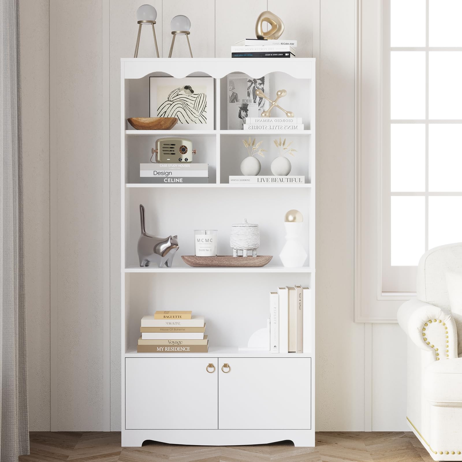 Libreria moderna in legno Garvee a 5 ripiani con ante per ufficio e soggiorno, ampio spazio di archiviazione, robusta, MDF, versatile, marrone