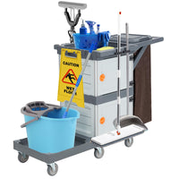 Carrello per pulizie commerciali Garvee con 2 armadietti, 3 ripiani, 6 ruote per ufficio e hotel, grigio, capacità 300 libbre