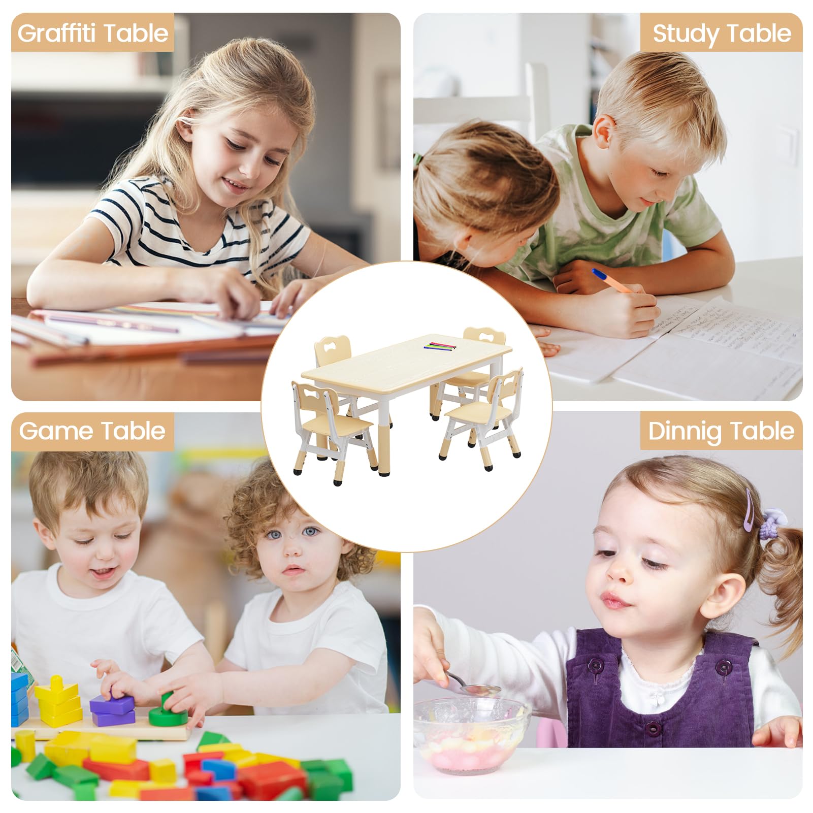 Set tavolo e 4 sedie per bambini Garvee, altezza regolabile, piano del tavolo con graffiti, gambe antiscivolo, tavolo per lavori artistici e artigianali per la casa e l'asilo nido