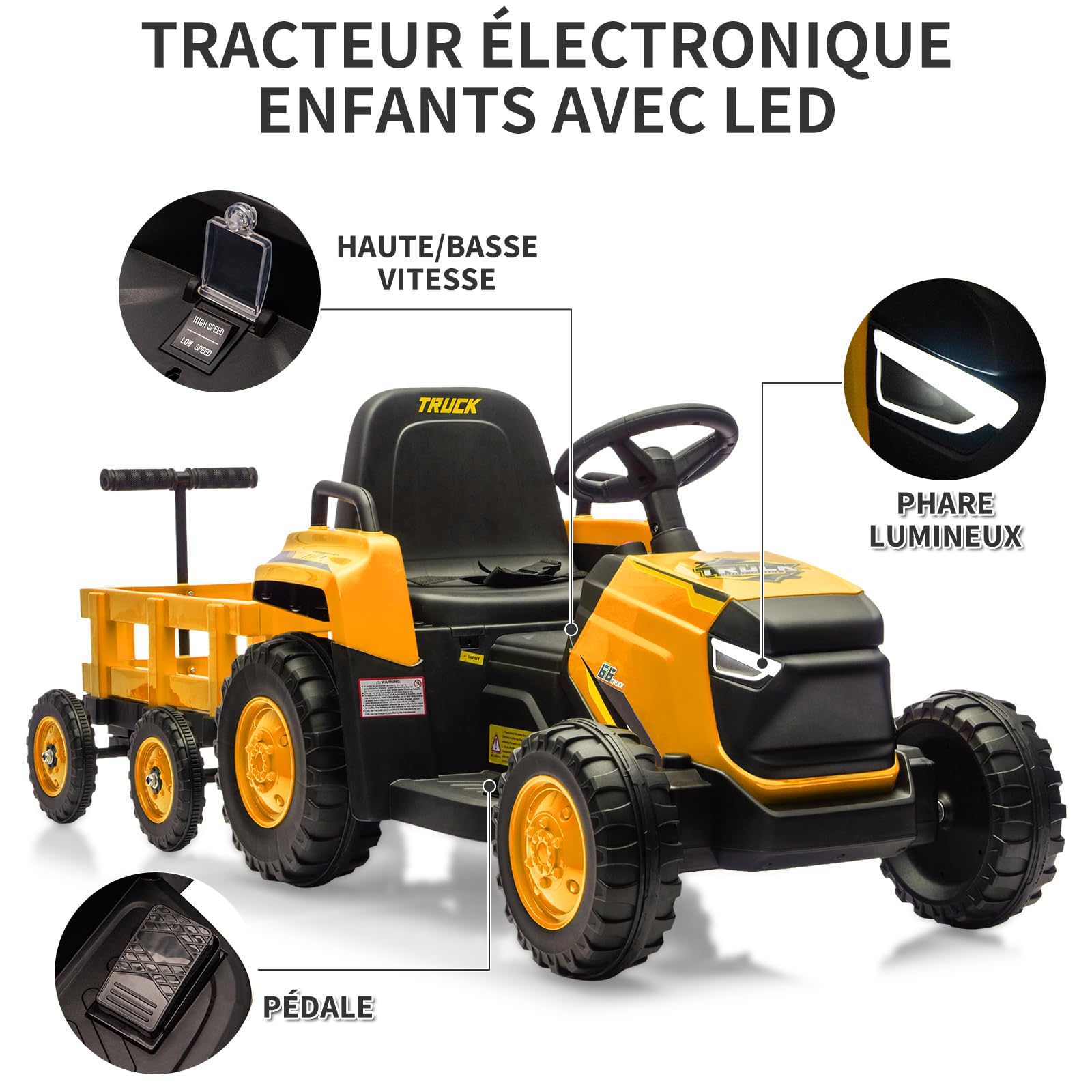 Trattore per bambini Garvee Kids Tractor 12V Twin Motor – Giallo classico con telecomando, rimorchio e suoni realistici per bambini e bambine dai 3 anni in su in giardino o cortile.