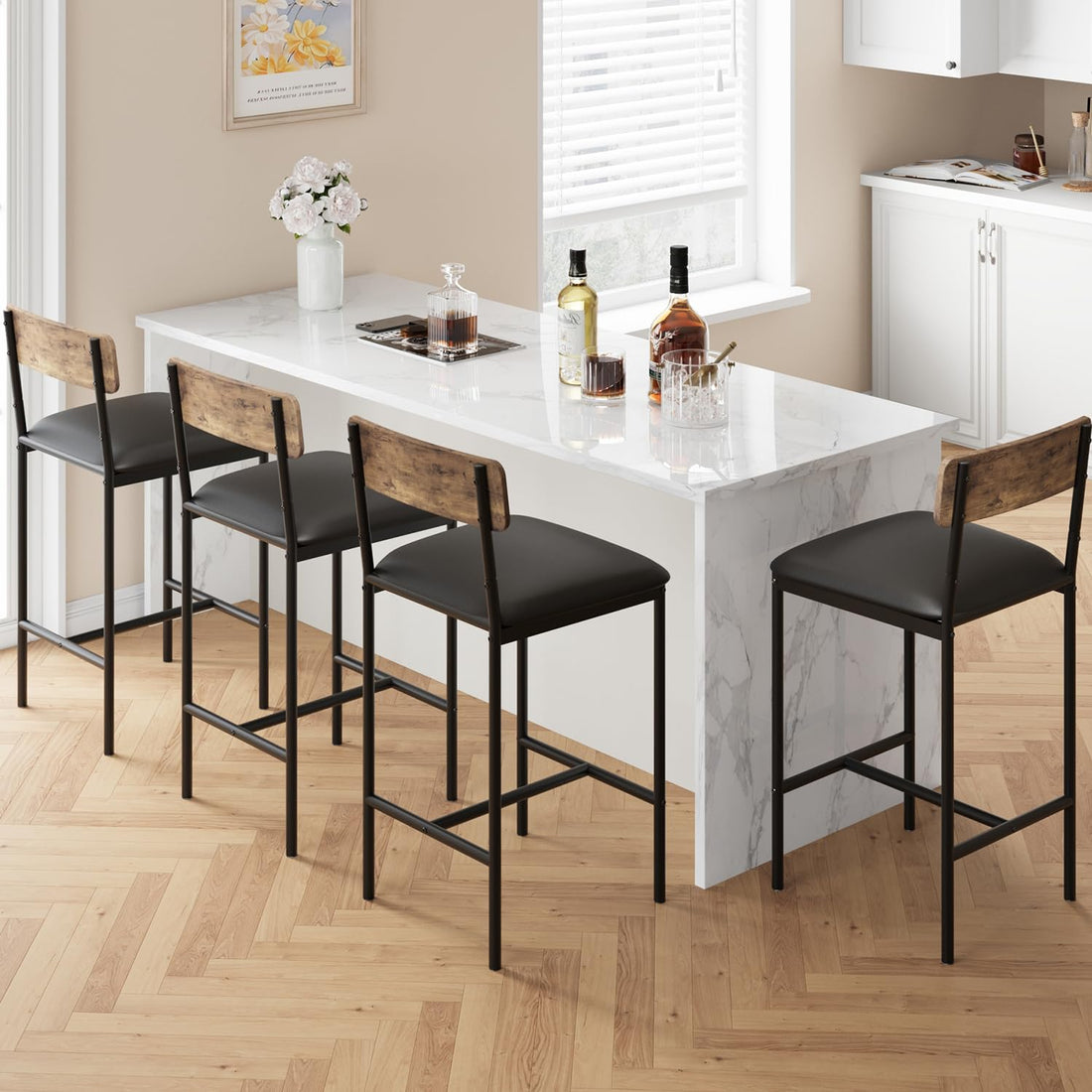 Set 4 ripiani bar Garvee imbottiti con binari, seduta ampia, struttura in metallo, poggiapiedi, marrone retro, per isola cucina e bar