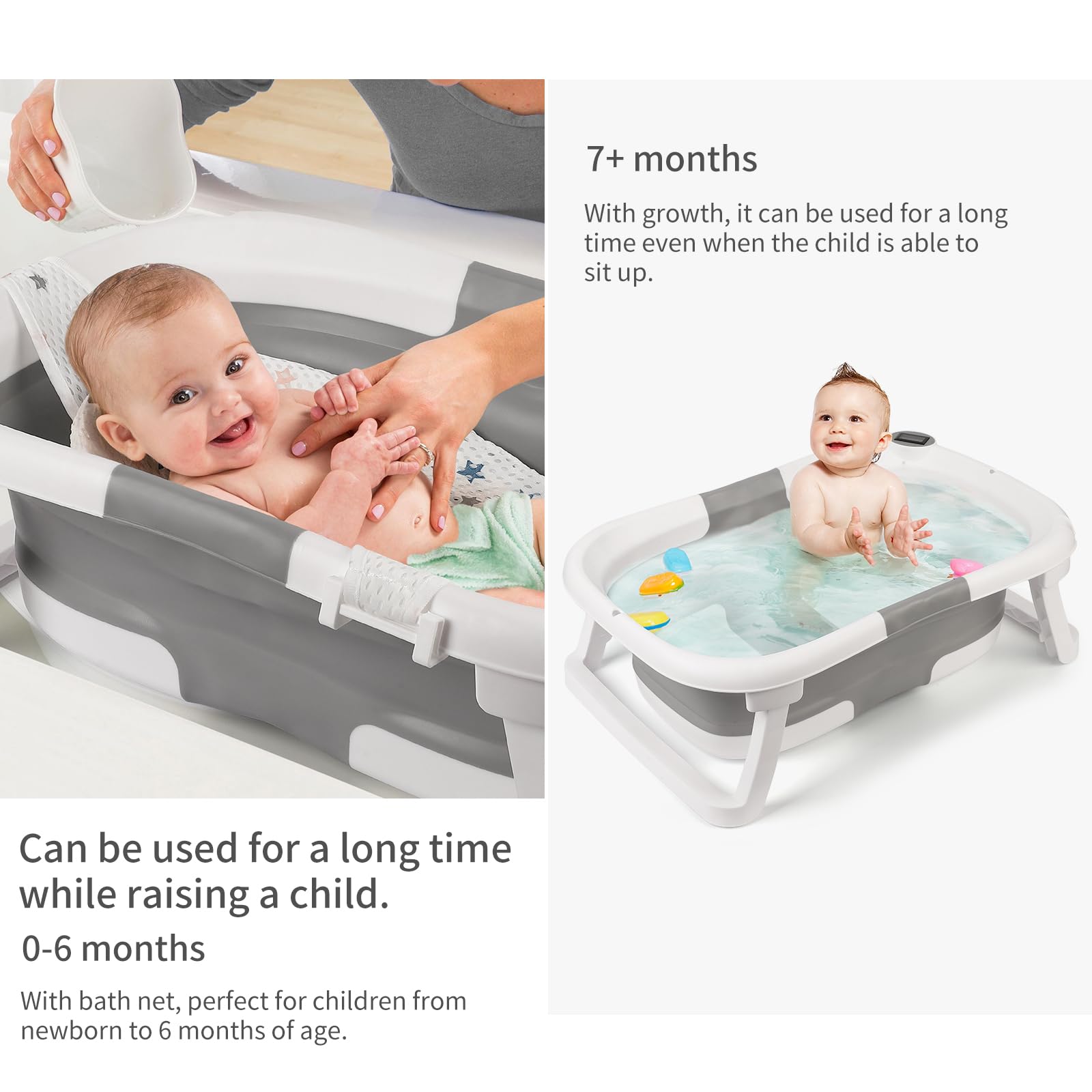 GARVEE Vasca da bagno per neonati, pieghevole e salvaspazio, con termometro e tappetino antiscivolo per neonati e bambini piccoli, grigio