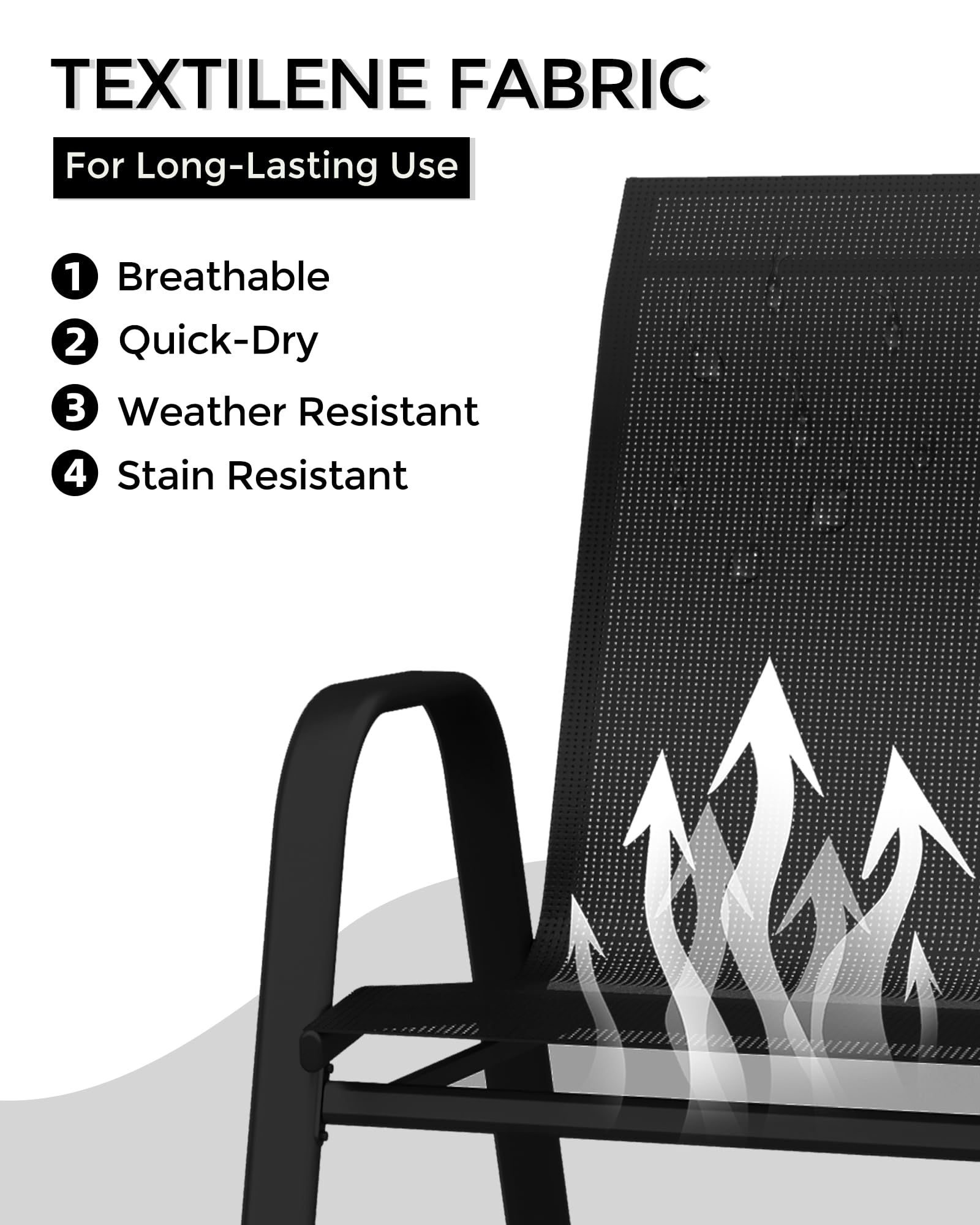 Set di 4 sedie da giardino Garvee, impilabili, leggere, in materiale Teslin traspirante, resistenti alle intemperie, nere, per giardino e piscina, 24,2"P*23,6"W*37,8"H