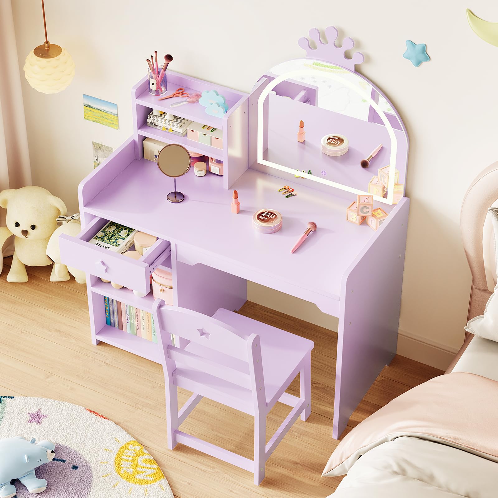 Tavolo da toeletta Garvee Kids con specchio a LED, set da toeletta 2 in 1 per principesse, in legno, con mensola e design sicuro per la cameretta delle bambine, bianco, compatto