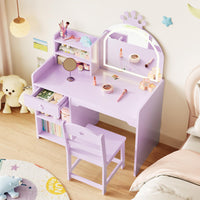 Tavolo da toeletta Garvee Kids con specchio a LED, set da toeletta 2 in 1 per principesse, in legno, con mensola e design sicuro per la cameretta delle bambine, bianco, compatto