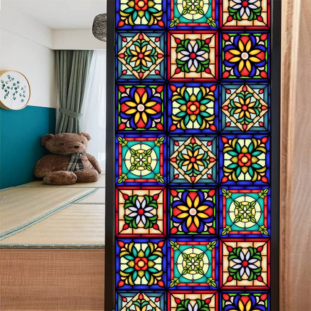 GARVEE Pellicola per vetri colorati Fiori retrò Adesivi statici Non adesivi 60x100 cm Privacy decorativa per casa e ufficio