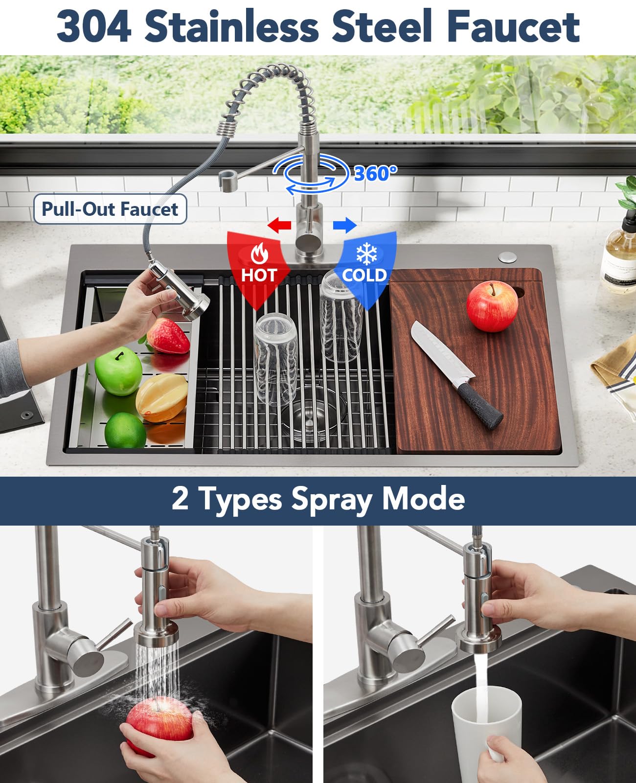 Lavello Garvee in acciaio inox con 1 vasca e rubinetto estraibile – 75 x 46 x 23 cm, pratico lavello per la tua cucina