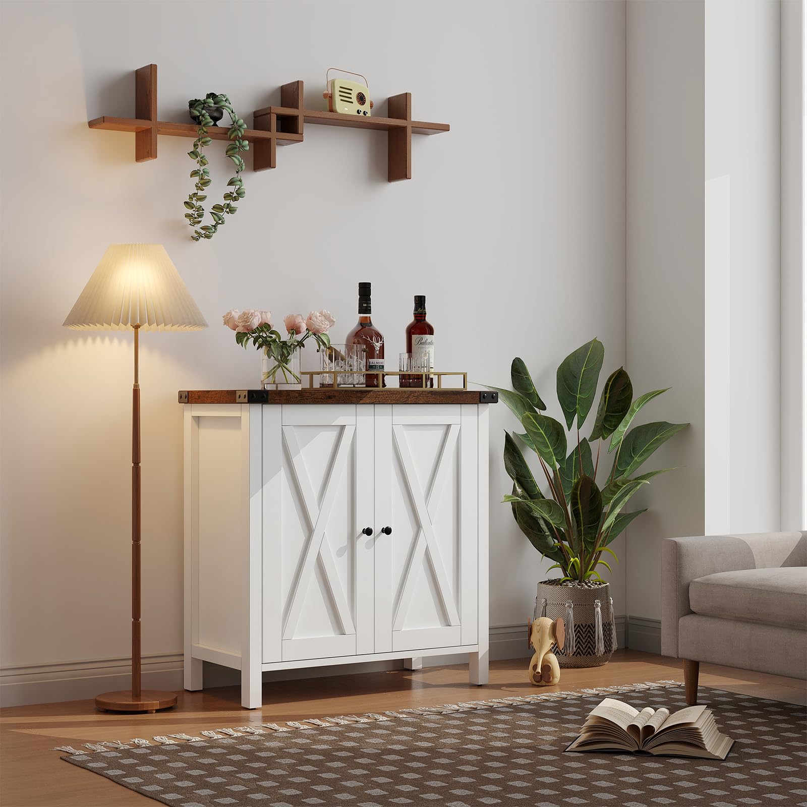Credenza buffet da cucina Garvee con ante, ripiano regolabile, stile country, per cucina, soggiorno, sala da pranzo, bianca