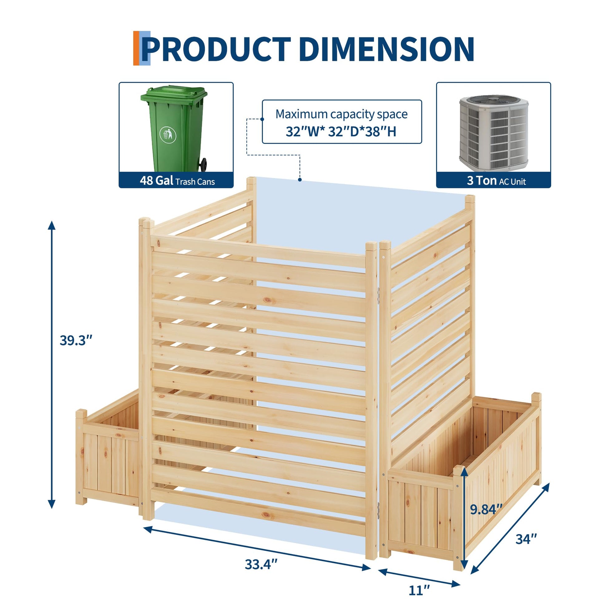 Garvee Recinzione per la privacy da esterno 33x40 pollici, in legno con fioriera per patio e giardino, resistente alle intemperie, robusta, autoportante, in legno naturale