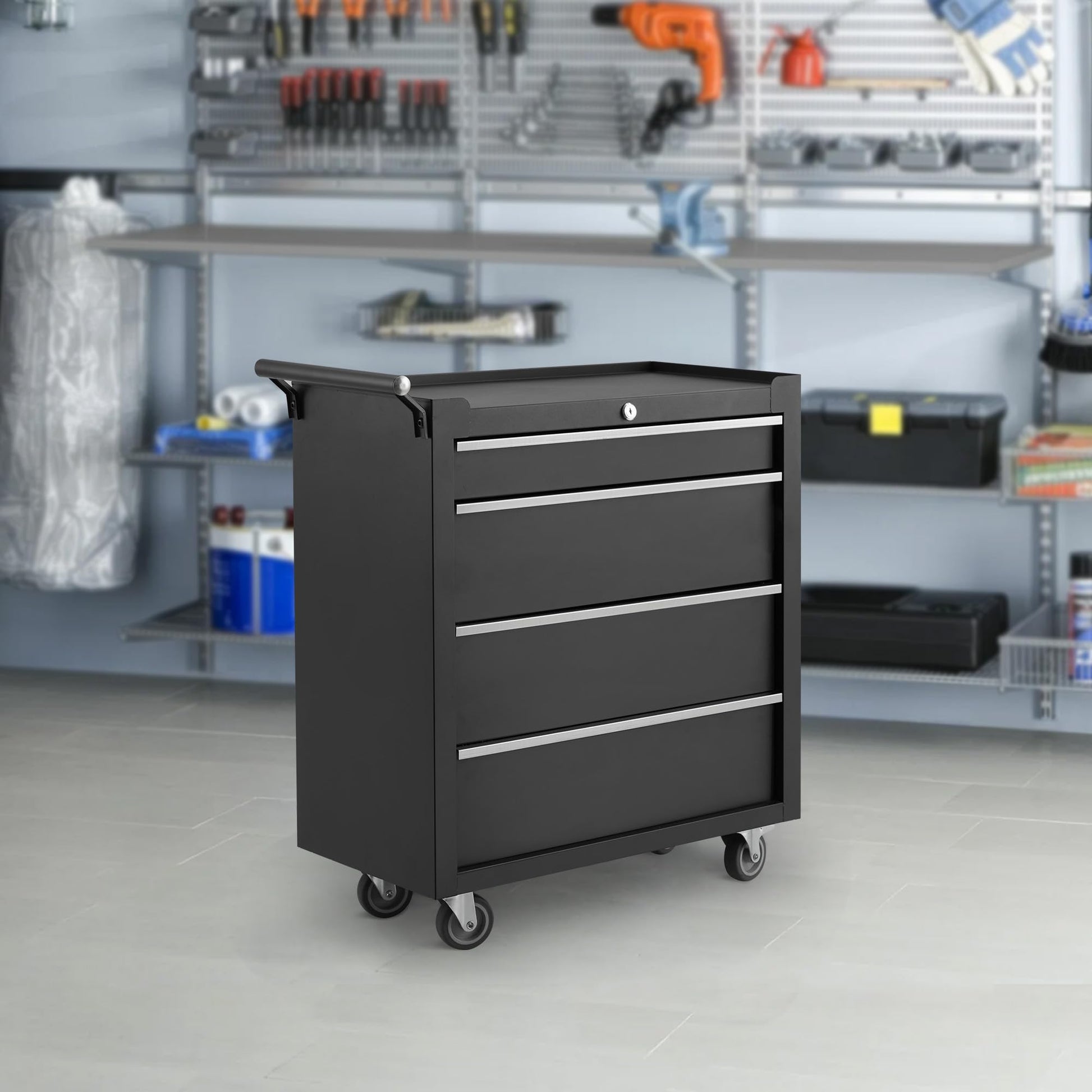 Carrello portautensili Garvee con 6 cassetti, ruote, serratura, acciaio, per officina e garage, 24 pollici, nero