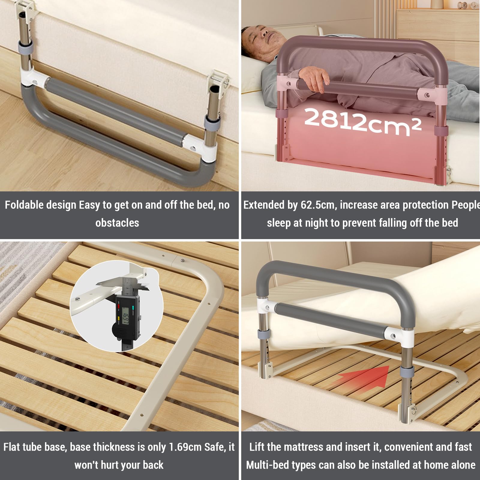 Sponda per letto Garvee per anziani, regolabile in altezza, grigio bianco, 64x55x36.5~43.5 cm, protezione anticaduta, robusta e sicura