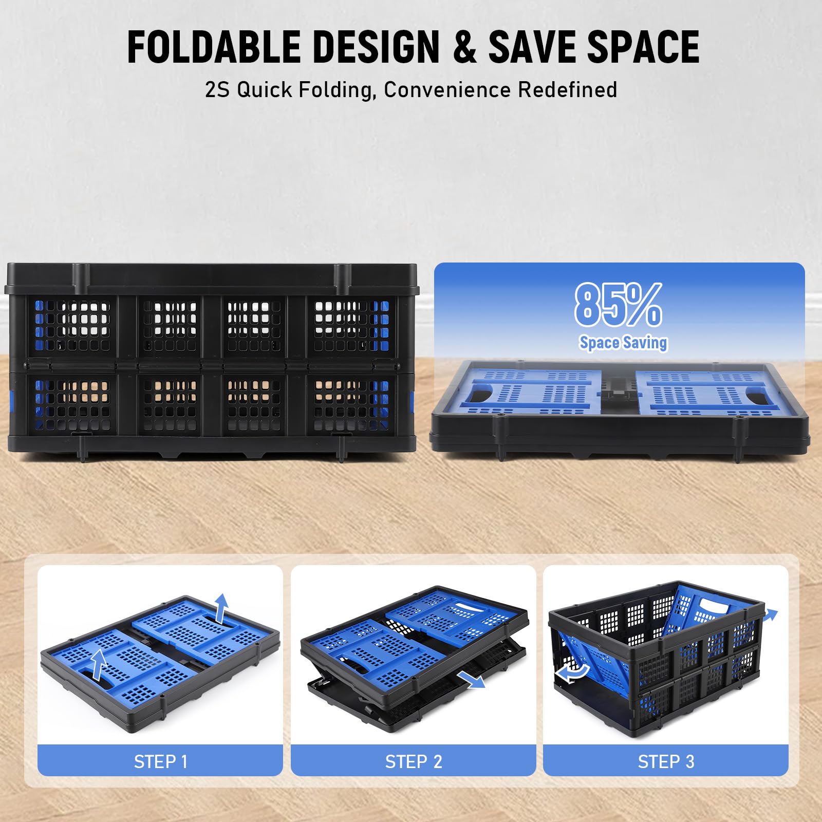 Garvee Robusta Scatola Pieghevole Professionale con Maniglie Touch, 55L, 40x56x26cm, Blu - Pieghevole, Impilabile, Ecologica