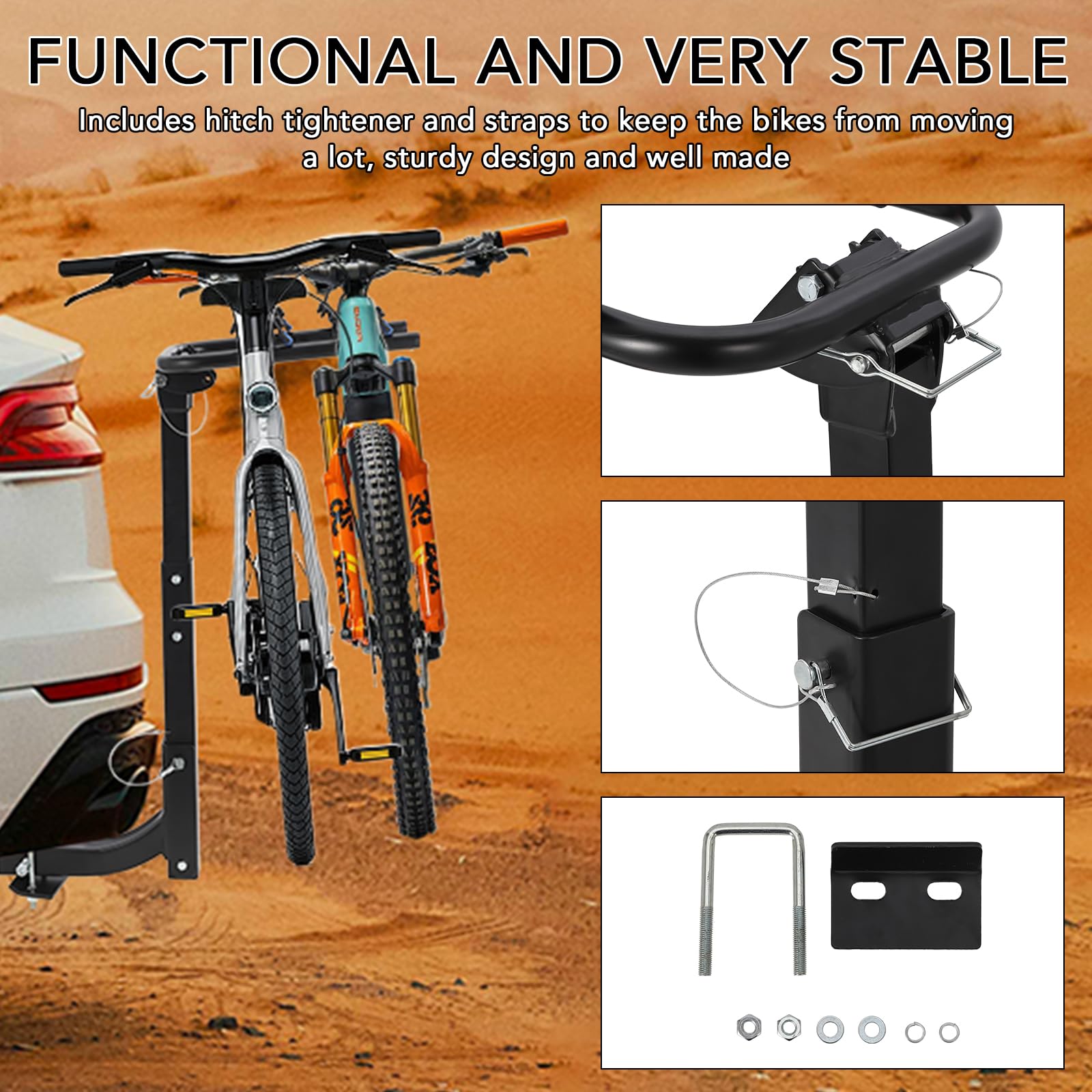 Portabici posteriore Garvee per 2 biciclette con stabilizzatore e cinghie, gancio di traino per bici elettriche, distanza tra i bracci 12,7-18,3 cm, nero