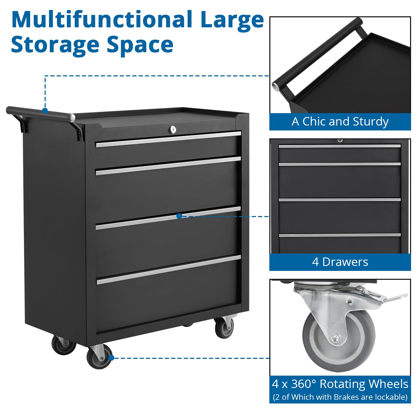 Carrello portautensili Garvee con 6 cassetti, ruote, serratura, acciaio, per officina e garage, 24 pollici, nero