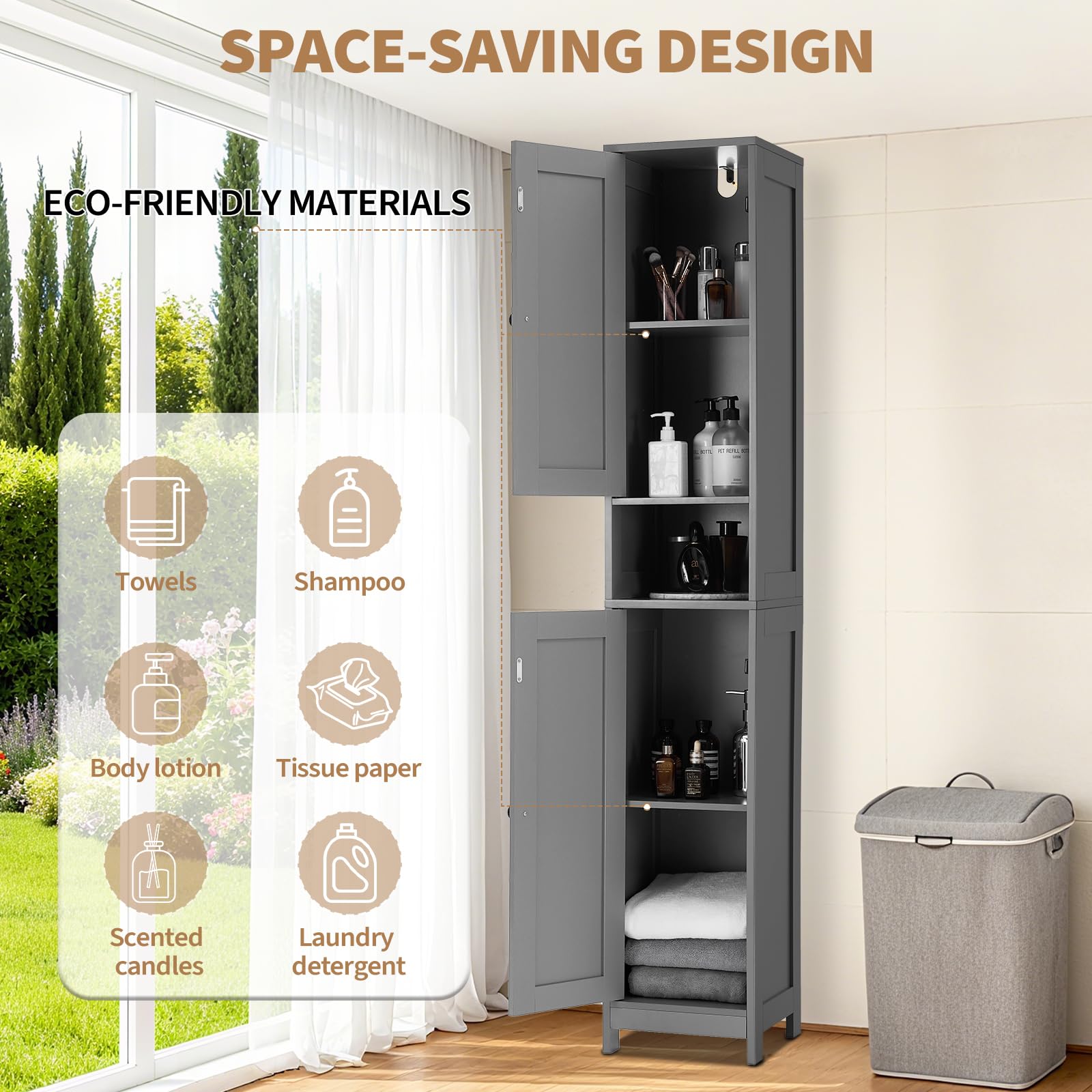 Mobiletto da bagno alto Garvee da 170 cm con 2 ante a battente e 1 cassetto, ripiani regolabili, legno massello, stile rustico, stretto, bianco, versatile per bagno e cucina