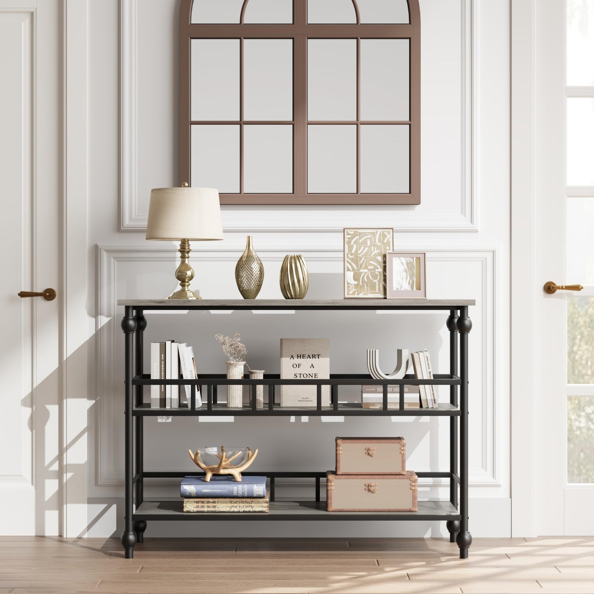Garvee Tavolo Consolle 43" 3 Ripiani Vintage Design Robusto Metallo Legno MDF Regolabile Ingresso Corridoio Naturale