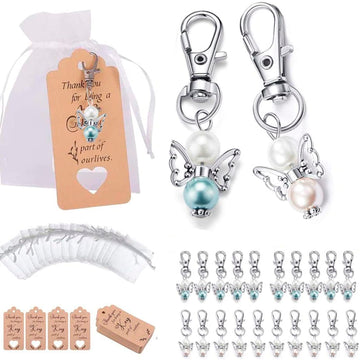 Portachiavi a forma di angelo Garvee da 20 pezzi con sacchetti in organza e biglietti di ringraziamento per battesimi, baby shower, matrimoni, regali per feste, argento
