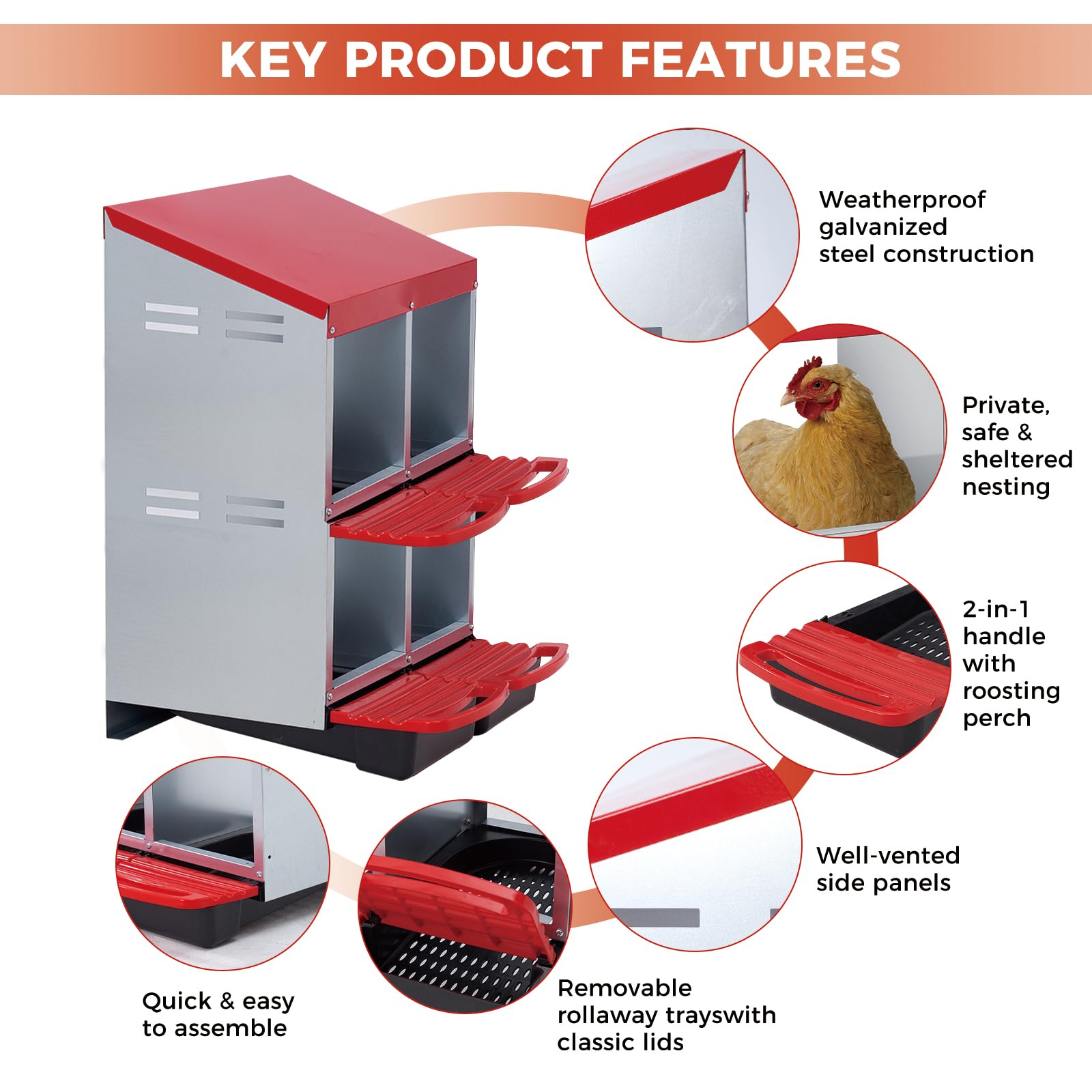 Nido per galline Garvee a 3 fori, in metallo, antiruggine, con vassoio rimovibile per fattoria e giardino, comodo e facile da pulire