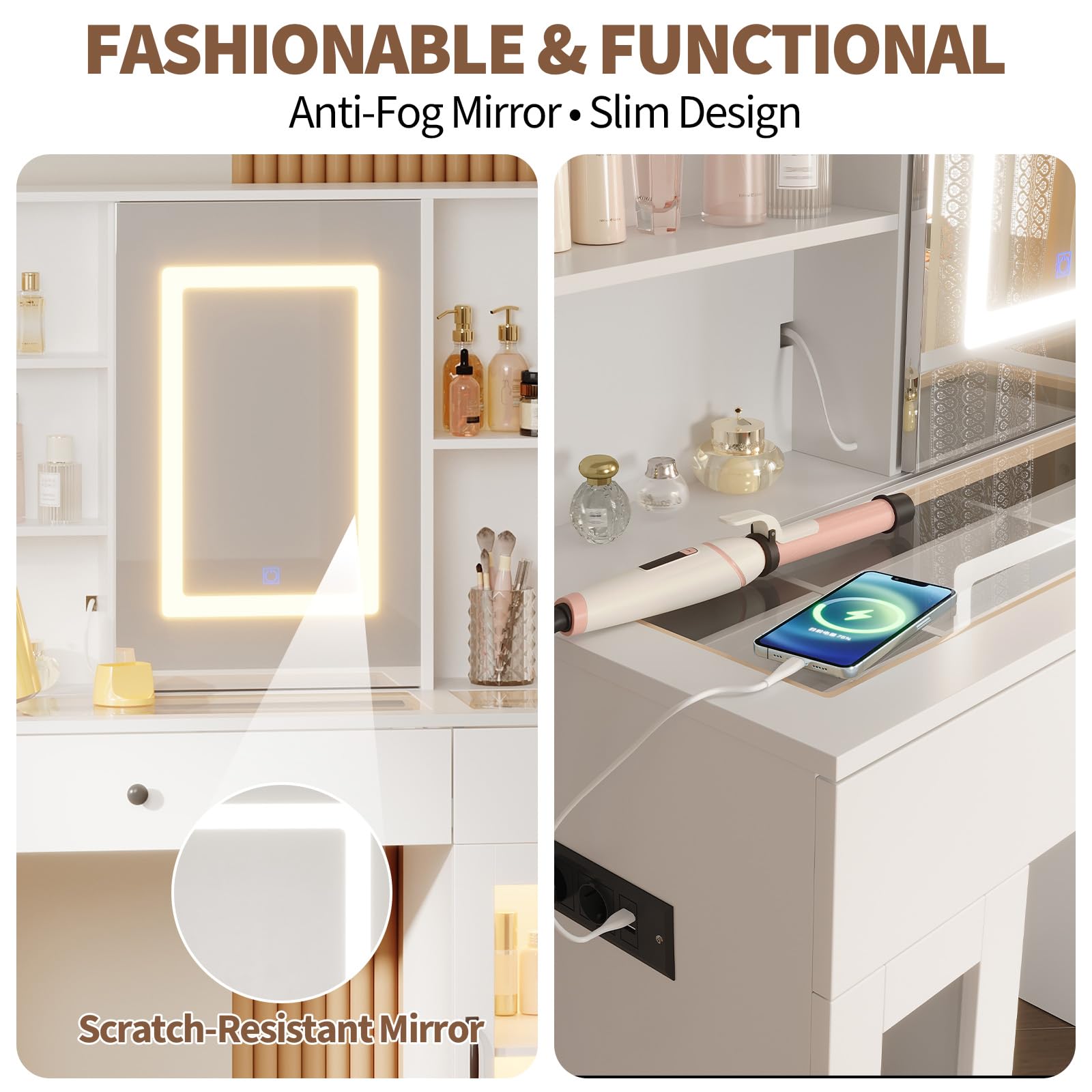 Tavolo da toeletta Garvee con specchio a LED, prese e spazio per camera da letto, bianco, illuminazione a 3 colori, 2 cassetti e 2 armadietti
