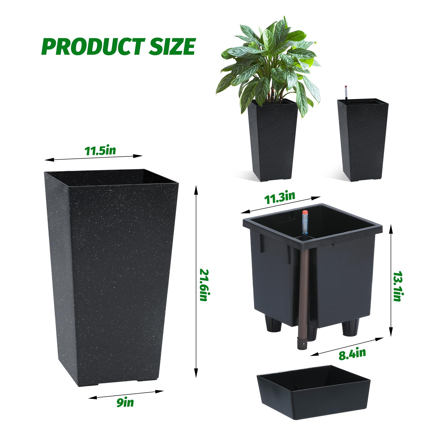 Garvee Set di 2 fioriere alte 57.15 cm con irrigazione automatica e monitor del livello dell'acqua per balcone e terrazza, pois bianchi e neri, plastica resistente alle intemperie